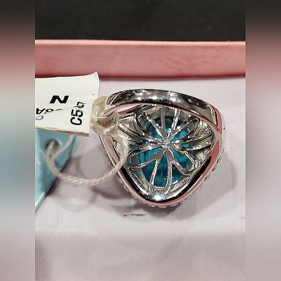 NWT VTG 925 Sterling Silver Aqua Topaz and Genuine Crystals Ring Size 7 - Picture 4 of 7